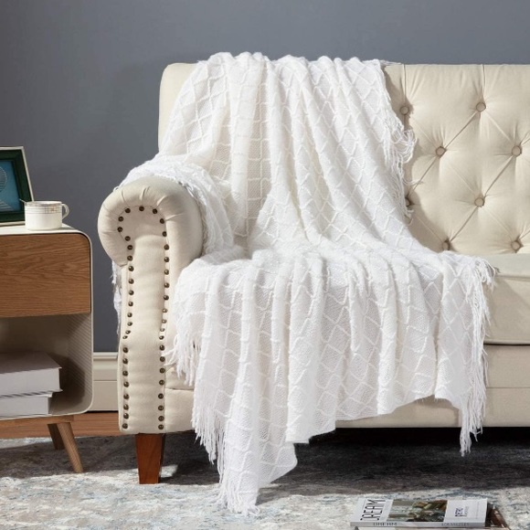 Navy Blue Diamond Bohemian Home Tassel Knit Throw Cozy Fringe Patterned Blanket - Picture 16 of 16